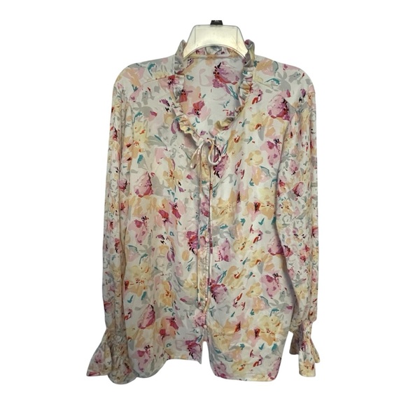 Chic Pink and Yellow Ruffled Long Sleeve Blouse - Picture 2 of 6